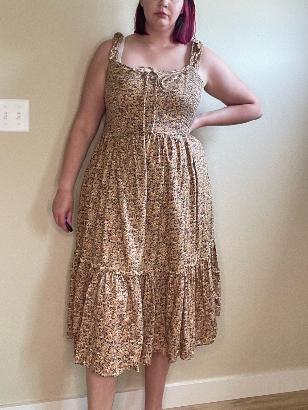 Floral Smocked Midi Sun Dress in yellow and neutral tones